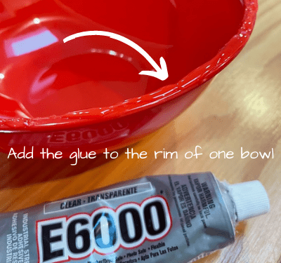 Add the glue to the rim of one bowl